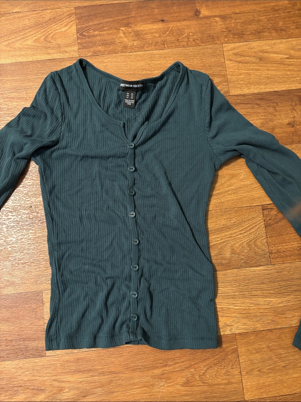 Free People Dark Teal Ribbed Button-Front Long Sleeve Top